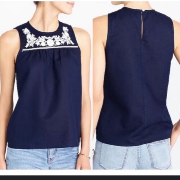 J. Crew Tops - J. Crew Linen Blend Navy Embroidered Neck Sleeveless Blouse
